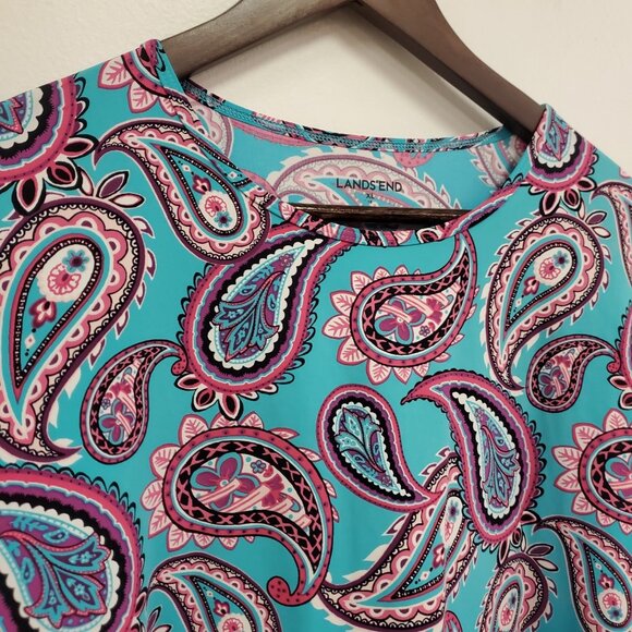 Lands End Womens Artsy Paisley Rash Guard Top Size XL Blue Summer Beach Swim - Picture 2 of 9